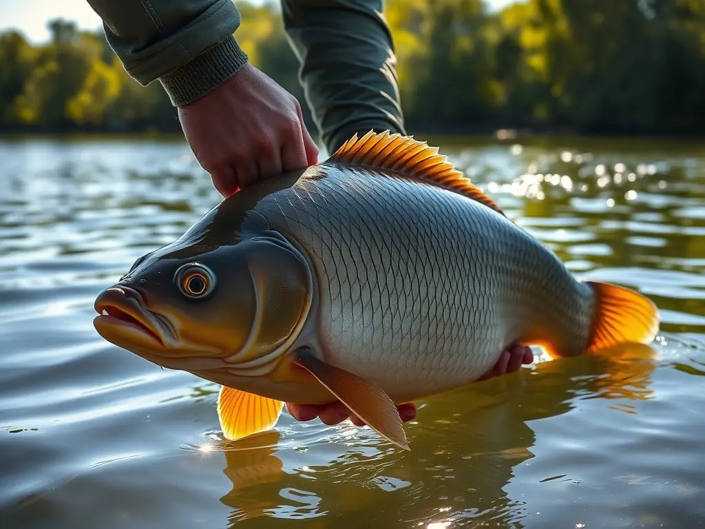 A COUVACHE CARPE CLUB member releasing a carp back into the water, symbolizing the club's commitment to responsible fishing and environmental conservation.