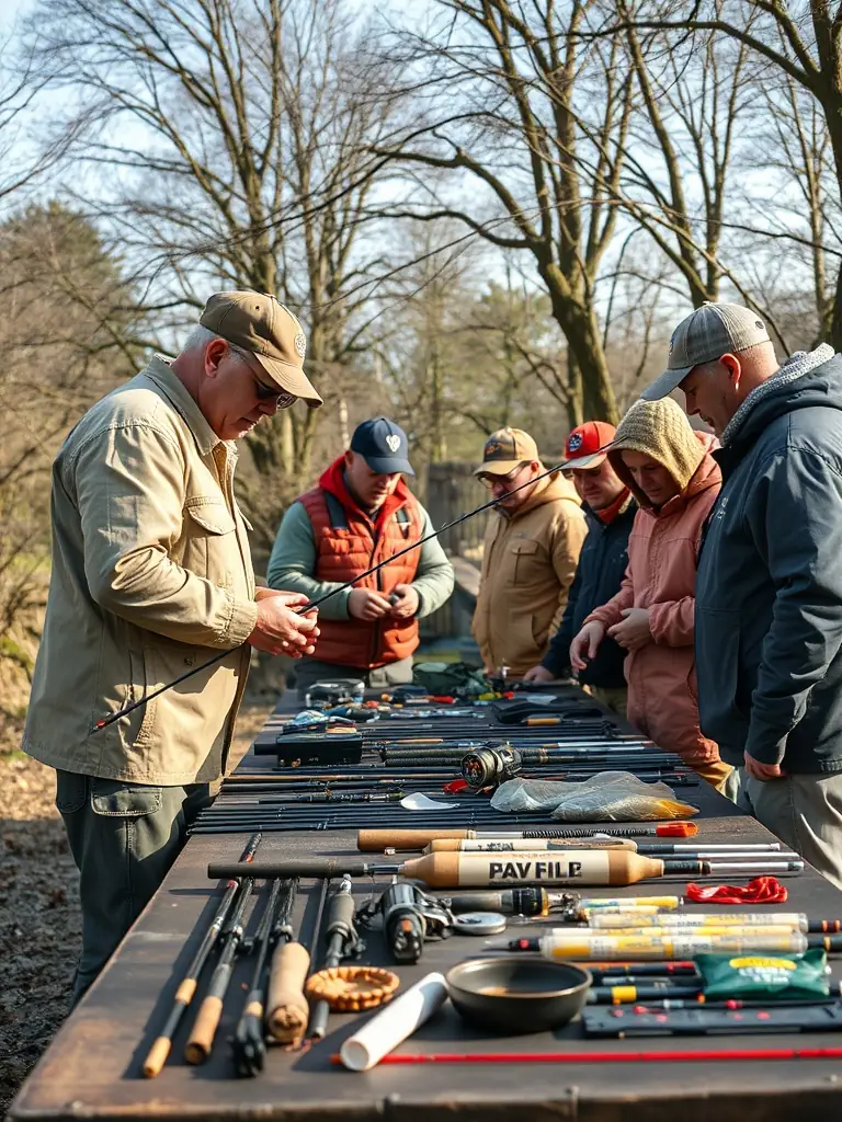 A photograph capturing a group of anglers participating in a carp fishing workshop, demonstrating various techniques and equipment under the guidance of an experienced instructor.