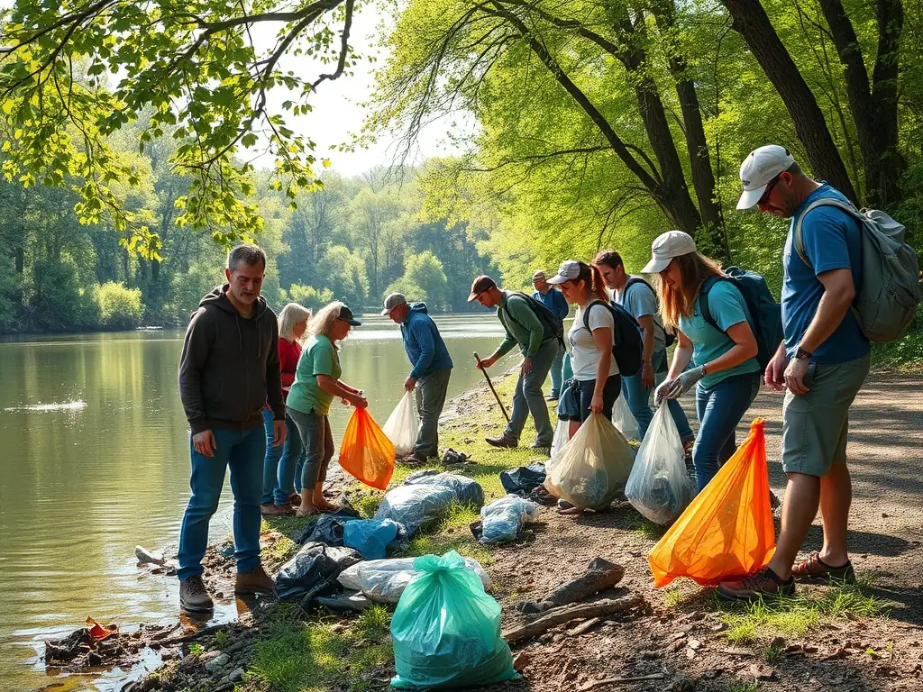 A scenic image of a group of volunteers cleaning up a riverbank, emphasizing the importance of environmental stewardship.