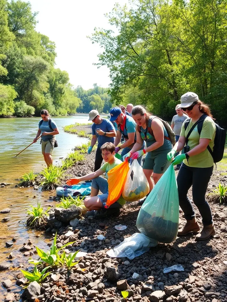 Volunteers cleaning up a riverbank, emphasizing the club's commitment to environmental conservation.