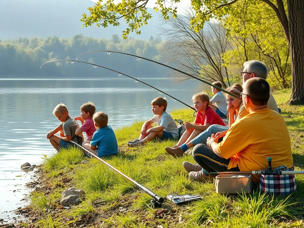 A group of children participating in a fishing workshop, learning about carp fishing techniques and environmental conservation. The image should be engaging and educational, highlighting the club's commitment to youth development.