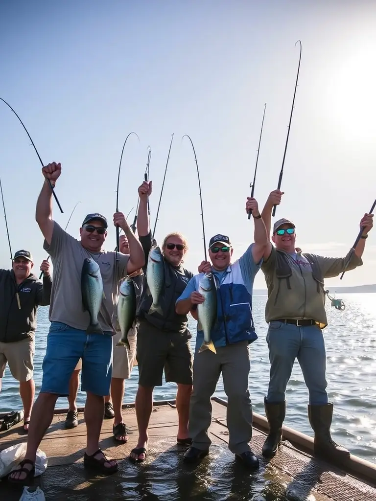 A dynamic shot of anglers competing in a carp fishing competition, showcasing the excitement and camaraderie of the event, with participants celebrating their catches.