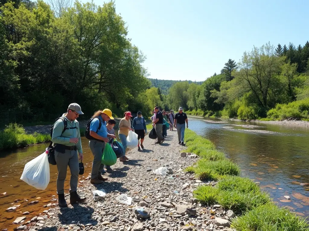 A picturesque image of a clean, natural riverbank where COUVACHE CARPE CLUB members are participating in a cleanup activity, emphasizing the club's commitment to environmental conservation.
