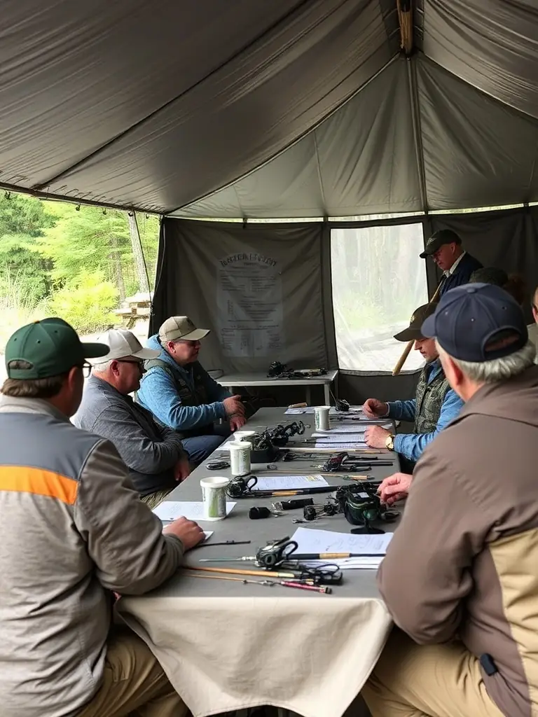 A photo of a fishing workshop, with participants learning about carp fishing techniques and equipment.