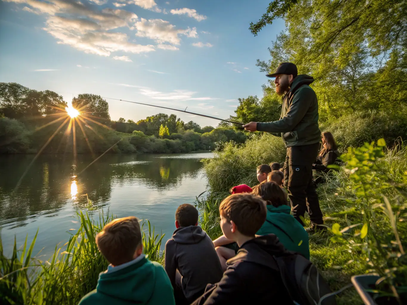 A photo of a workshop session where experienced anglers are teaching beginners the basics of carp fishing techniques.