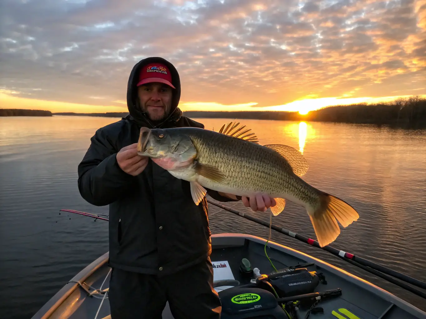 A scenic shot of a member of COUVACHE CARPE CLUB successfully reeling in a large carp at a tranquil lake, showcasing the excitement and rewards of carp fishing.