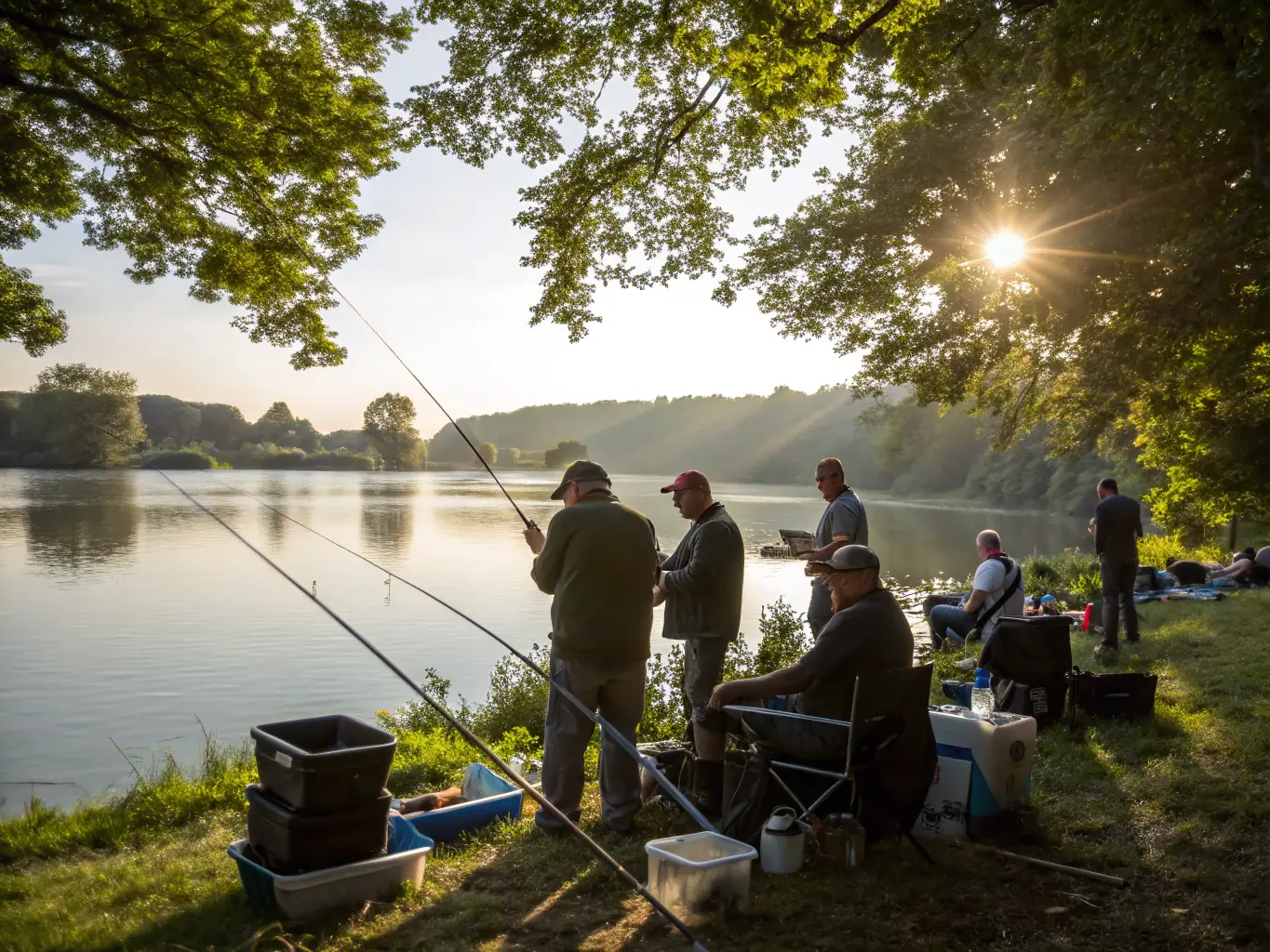 A group of anglers participating in a carp fishing competition, showcasing teamwork and sportsmanship in a natural setting.