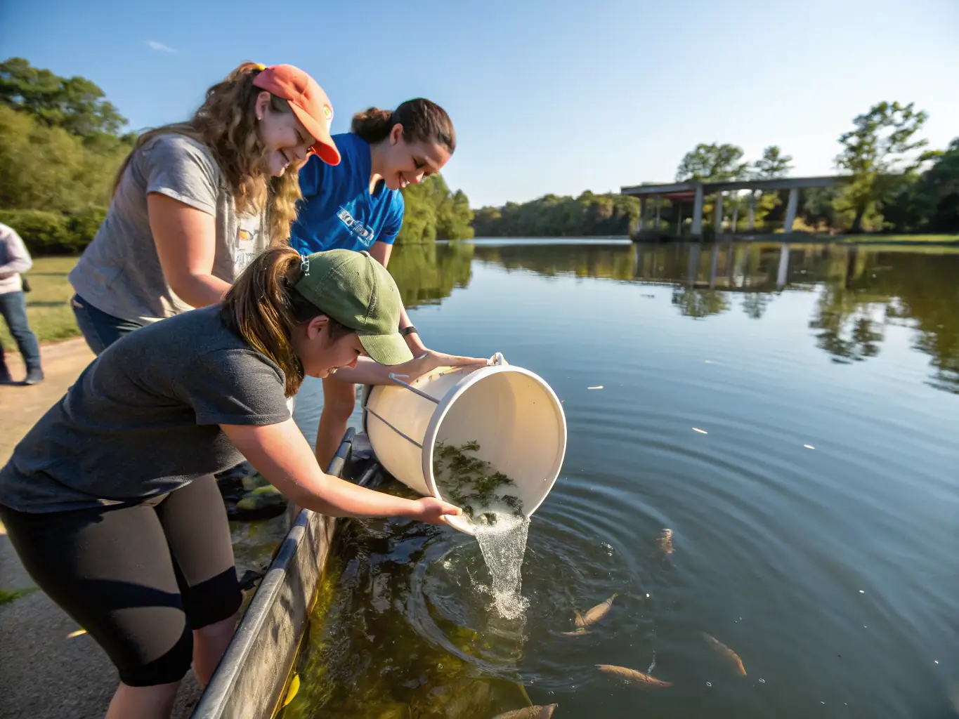 A group of COUVACHE CARPE CLUB members participating in a carp fishing training session by the lake, demonstrating various fishing techniques and equipment handling.