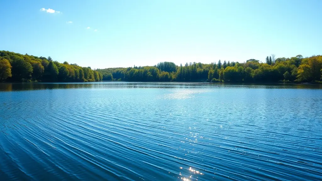 A pristine lake with clear water and lush green vegetation along the shoreline, showcasing a healthy aquatic ecosystem.