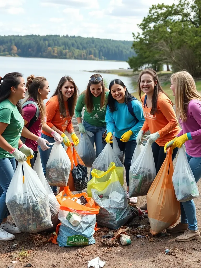 A serene image of volunteers cleaning up a lakeside area, highlighting the club's dedication to environmental conservation and responsible fishing practices.