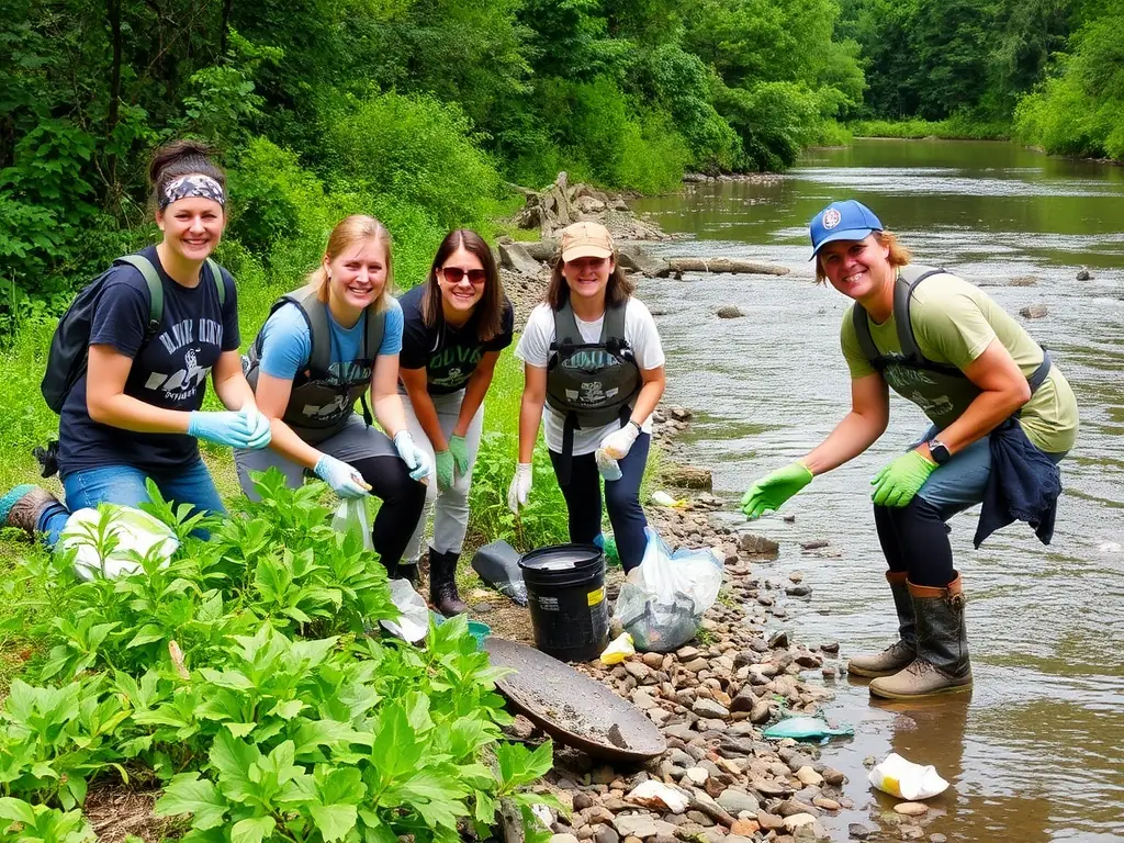 A photo of volunteers cleaning up a local riverbank, emphasizing the club's commitment to environmental stewardship and community involvement. The image should be bright and positive, showcasing the impact of their efforts.